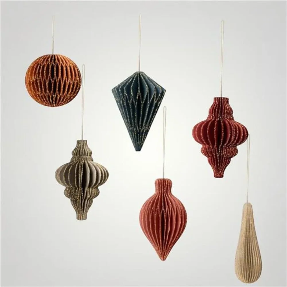 NEW West Elm 6 Piece Boho Glitter Paper Christmas Tree Ornaments Set Decor - 3